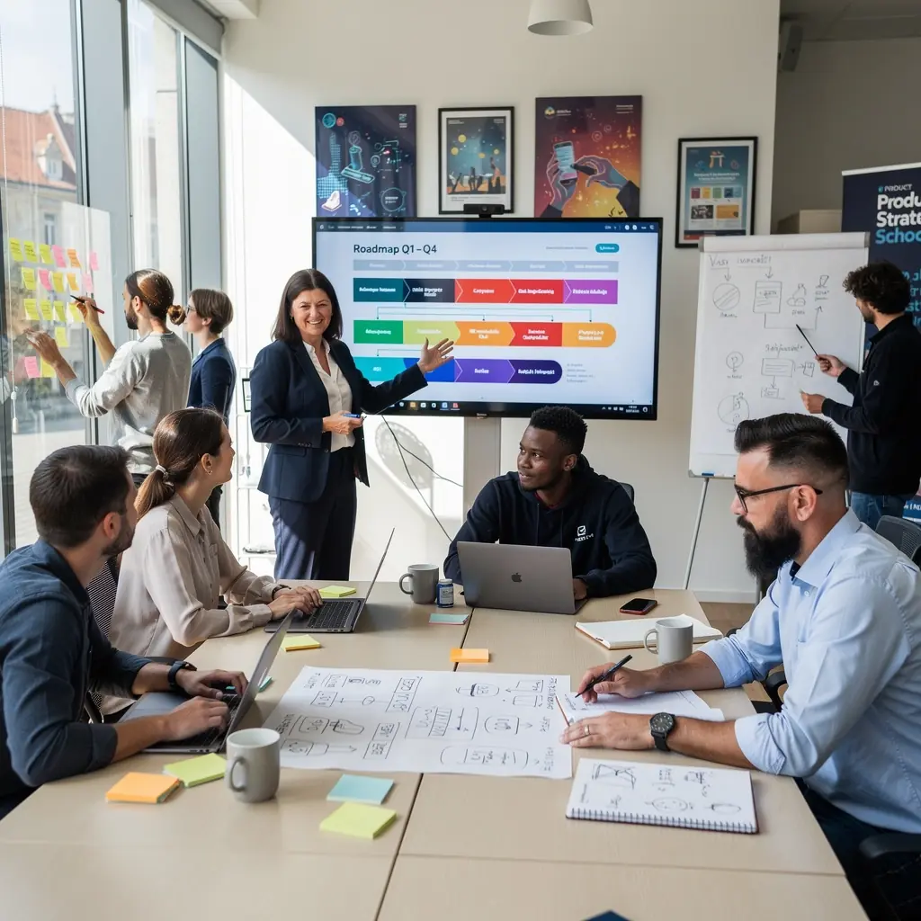 Termékstratégiai folyamat ábrázolása színes diagramon.